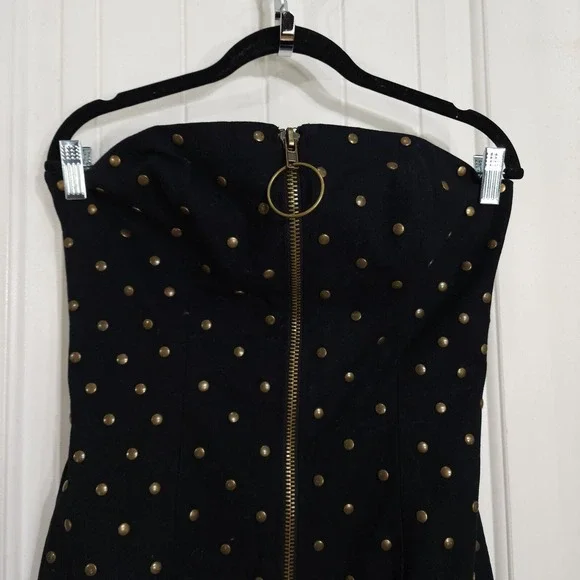 Vtg Betsey Johnson Womens Dress Black Denim Studded Zip Strapless Y2K 90s Sz 4 S - Picture 5 of 10